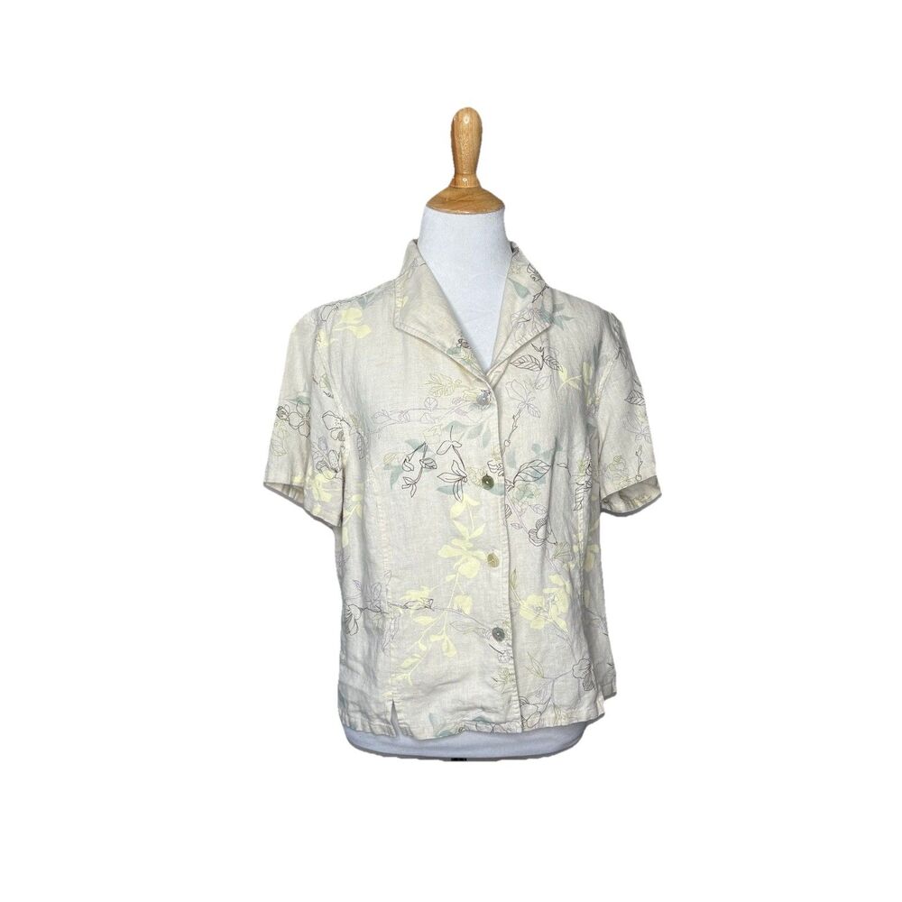 Havana Jack's Café Hawaiian Beige Leaves Linen Button up Blouse Size Large Women